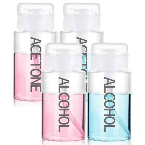 4 Pack Push Down Pump Dispenser 6.7oz/200ML Empty Acetone Dispenser Push Top Alcohol Bottles Containers for Nail Polish Makeup Remover Water Facial Toner