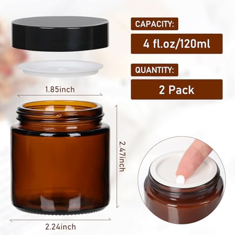 4 oz Amber Glass Jars 2 Pack with Black Lids & Inner Liners