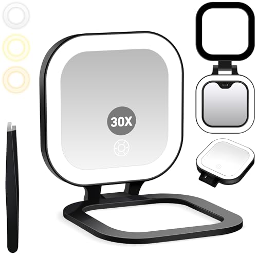 GOMIPURU Black Travel Lighted Makeup Mirror with 30x Magnification & Tweezer