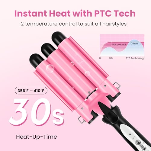 3 Barrel Ceramic Curling Iron for Natural Waves - Dual Voltage, 2 Temp Settings