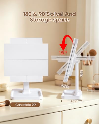 White Rectangular Trifold Vanity Mirror with Lights, 8.7"L x 13.6"W, Dimmable LED & Magnification