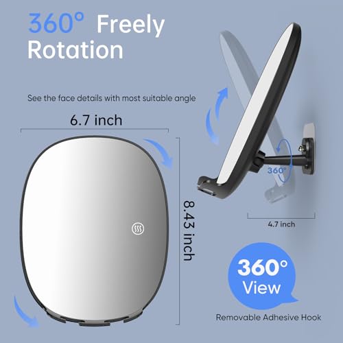 COSMIRROR Heated Shower Mirror Fogless for Shaving, Fog Free Shaving Mirror with 2 Razor Holders, Rechargeable No Fog Mirror for Shower, 360¡Æ Adhesive Mounted Steam Free Shower Mirror Without Light