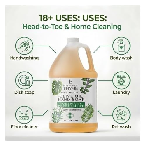 Brittanie's Pure Organic Castile Liquid Olive Oil Soap Refill, Rosemary Peppermint, 1 Gallon | Face, Body Wash, Dishes, Pets & Laundry | Vegan & Gluten Free Non-GMO
