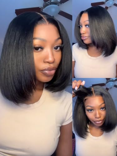 Nadula Short Layered Yaki Bob Wig 10" Human Hair 180% Density