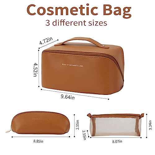 3 Pcs Travel Makeup Bag Portable Large Capacity Cosmetic Bags for Women Open Flat Makeup Case Organizer Bag Set of 3 Waterproof PU Leather Toiletry Bags with Divider and Handle (Brown, Medium)