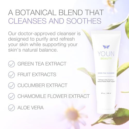 YOUN Beauty Green Tea Face Cleanser by Dr. Anthony Youn ? Paraben-Free, Hydrating Facial Cleanser with Aloe Vera, Chamomile & Cucumber Extracts ? Daily Face Wash for All Skin Types