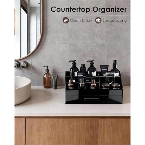 ProCase Cologne Organizer for Men with Drawer, Acrylic Perfume Holder & Bathroom Countertop Organizer for Men & Women, Dresser Vanity Storage for Cologne, Perfume and Skincare -1 Layer