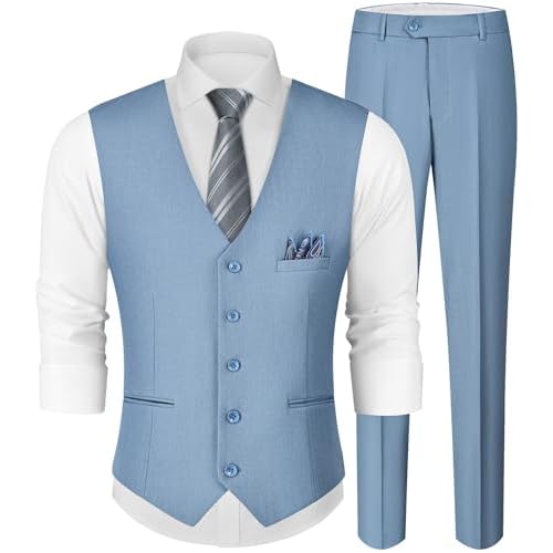 MAGE MALE Men's Linen 2 Piece Suit Slim Fit Wedding Groomsmen Summer Vest Pants Set with Pocket Square