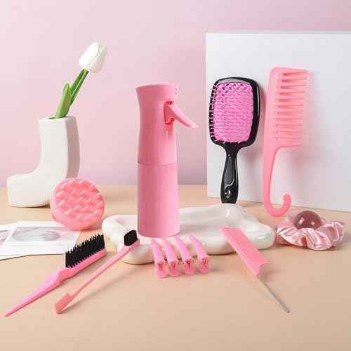 12 Pcs Hair Brush Set with Hair Spray Bottle for Toddlers, Women, Detangling Brush for Wet Dry Curly Hair, Edge Bristles Wide Tooth Rat Tail Combs for Baby Girls (pink)