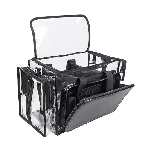 Clear Cosmetic Bag, Large Capacity Makeup Artist Kit Set, Waterproof Transparent PVC Hair Stylist Storage Organizer Beach Tote Bag with Adjustable Divider (Black)