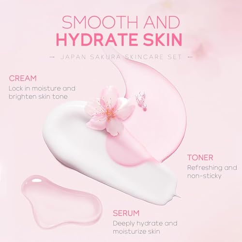 SAKURA Skin Care Set, Skin Care Sets & Kits Women Girls Gift Set with Cleanser, Face Serum, Face Cream, Toner, Eye Cream, Travel Size Skincare Set for Women Teen Girls Birthday Christmas Gift (SAKURA)