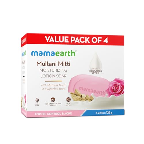 MAMAEARTH Multani Mitti & Rose Moisturizing Lotion Soap Bar | Controls Oil & Body Acne | Bentonite Clay Bar for Oil & Acne Free Skin | for Face & Body | 4 Bars (4.41 Oz/125g Each)