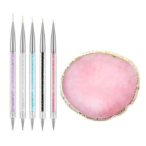 Resin Nail Art Palette with 5 Pcs Nail Art Brushes, Nail Polish Mixing Palette Double-Ended Dotting Pen Nail Art Liner Brush for Nail Art