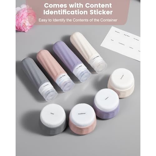Travel Size Toiletries 8 Pack, TSA Approved 3oz Silicone Squeeze Bottles & Cream Jars with Clear Travel Bag