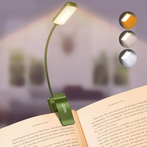 Gritin 9 LED Rechargeable Book Light for Reading in Bed -Eye Caring 3 Color Temperatures,Stepless Dimming Brightness,80 Hrs Runtime Small Lightweight Clip On Book Reading Light for Studying-White