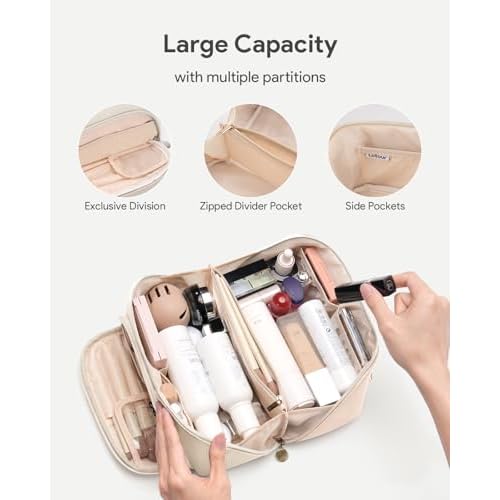 Lotour Makeup Bag Organizer Travel Cosmetic Bag, Large Capacity Skincare Bag for Women Girls, Portable Pouch Open Flat Toiletry Bag for Travel Essentials Toiletries Accessories