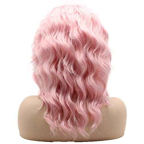 Hair Curly Short 14inch Pink Wig Heavy Density Realistic Synthetic Lace Front Wigs