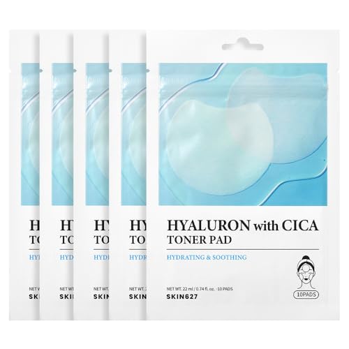 Hyaluron with Cica Toner Pad | Korean Facial Sheets with 6 Types of Hyaluronic Acid and Centella Asiatica | Deep Hydration and Soothing Care | 10 Pads x 5 Pack