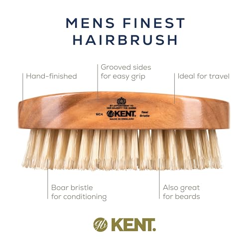 Kent MC4 Men's Hair and Beard Brush Kit: Exfoliating Natural Boar Bristle Hair Brush, Cherrywood Base with Firm Bristles for Coarse Hair Types - LPC3 Brush Cleaner - Premium Grooming Set