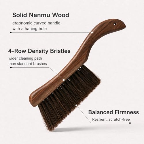 Wooden Hand Broom with Firm Pet Bristles & Curved Handle – Dust & Debris Sweeper