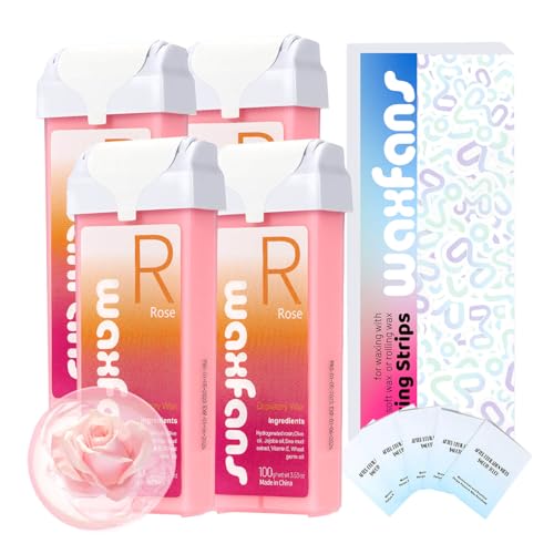 Waxfans Roll On Wax Refill,Waxing Roller Refill for Hair Removal,100% Natural,Quick Melting - For Coarse and Fine Hairs.with 3.53 Ounce(Pack of 4) Honey Wax Rollers, 50 Strips (Pink)
