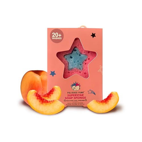 All-Natural Soap-Infused Sponge for Kids and Tweens Body Wash, Gentle on Skin, 20+ Uses (Peaches and Dreams)