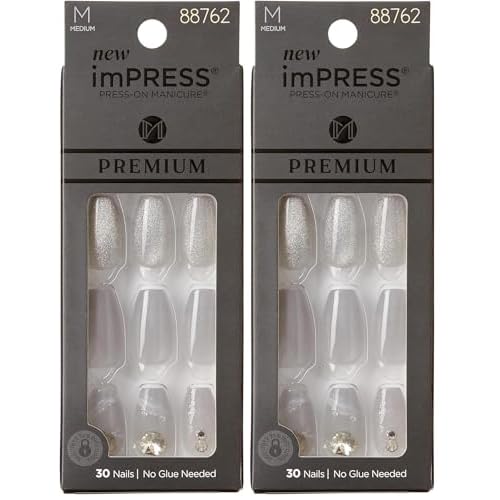 KISS imPRESS Press-On Manicure Premium Collection Fake Nails - Legacy, Gray, V-Cut Stone, Medium & Ballerina/Coffin Shape, Easy To Apply, Super Hold, Chip Proof, Smudge Proof, No Dry Time | 30 Count