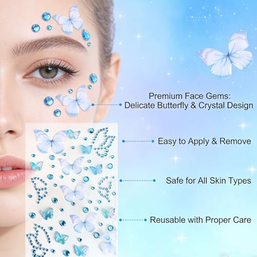 Blue Butterfly Face Gems Stickers - 2 Sheet Pack
