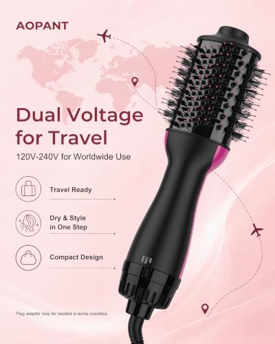 Aopant Dual Voltage Mini Hair Dryer Brush - 900W Volumizer & Styler, Black/Rose Red