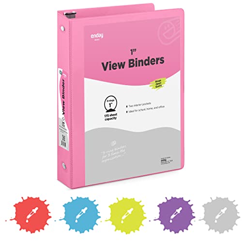 1 Inch 3 Ring Binder 1” Binder Pink Clear View Cover with 2 Inside Pockets, Colored School Supplies Office and Home Binders – by Enday