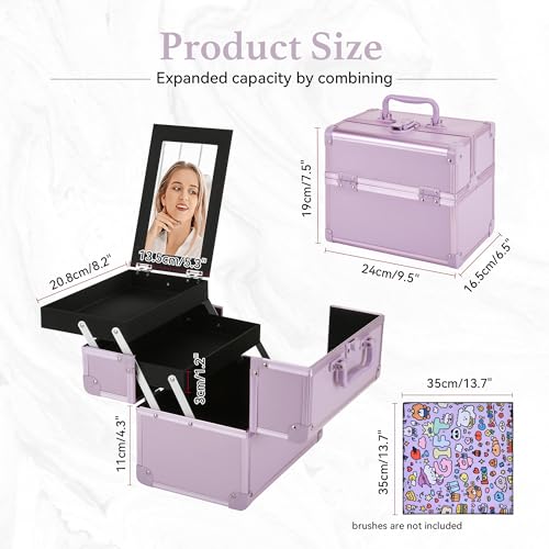 Makeup Train Case with Mirror - 2-Tray Purple Cosmetic Organizer