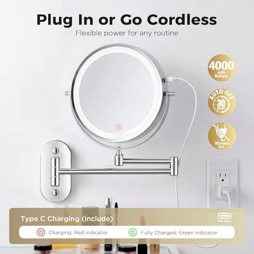 Tubbede 8 Inch Wall Mounted Makeup Mirror with 1X/30X Magnification & Rechargeable 4000mAh Battery