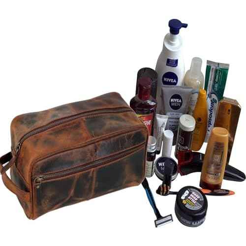 jaald Men's Genuine Brown Leather Toiletry Bag Shaving Bags And Grooming For Travel Groomsmen Gift Men Women Hanging Zippered Makeup Bathroom Cosmetic Pouch Case Make Up kit