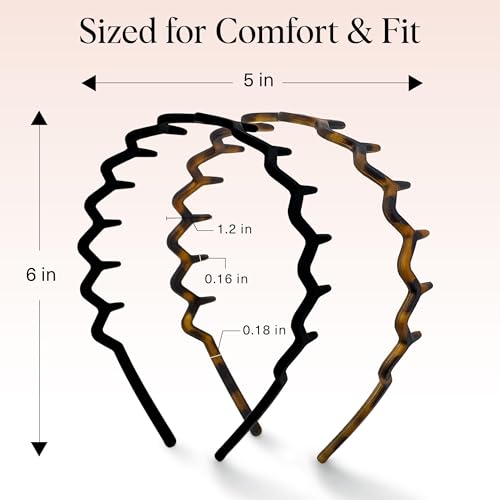 Kitsch Zig Zag Comb Headbands for Women - 2 Pack Black & Tortoise
