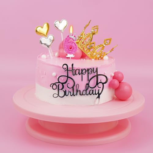 Hot Pink Number 6 Birthday Candle with Glitter Crown - 3" Tall