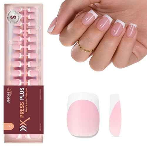 Beetles French Tip Press On Nails: 150 Pcs Pink Short Square Press On Nails 4 in 1 Nail Tips, Pre-Applied Primer & Base Coat, No File Need DIY Manicure for Fake Nails Extension Gifts for Women