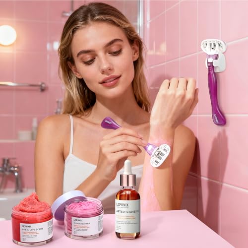 2025 Women's Complete Shaving Kit with Razor & Holder - 5 Piece Strawberry Vanilla Set Include Pre-Shave Scrub, Cream, Aftershave Oil - Luxury Gifts Set for Her, Wife, Mom (Valentines Day, Christmas)