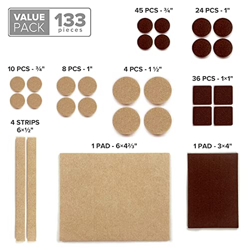 Brown & Beige Felt Furniture Pads Set, 133 pcs - Protect Floors & Furniture