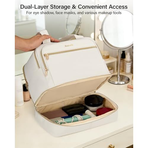 Hanke Travel Toiletry Bag, Lightweight Wide-open Large Toiletry Bags for Women, Dual-Layer Makeup Bag Water-Resistant Cosmetic Travel Bag with Handle for Accessories, Essentials, Off White