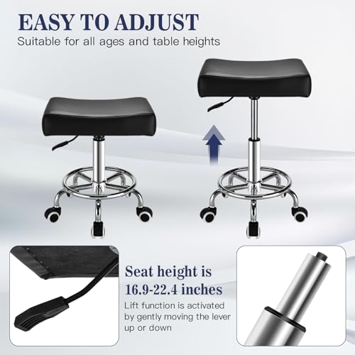 Square Salon Rolling Stool - 300lbs Weight Capacity£¬Adjustable Swivel Stool with Wheel£¬Pu Leahter Comfortable Cutting Stools for Salon Tattoo Stylist Massage Perfect for Work SPA (Premium Black)