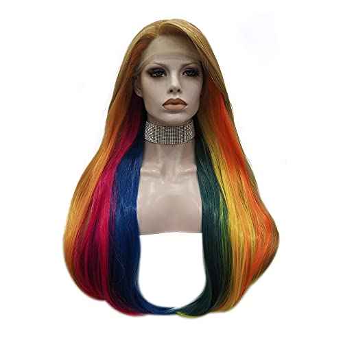 IMSTYLE Rainbow Colorful Lace Front Wigs Synthetic Straight 26 inches Wig Natural Hairline for Halloween Cosplay Party Wig (Rainbow)