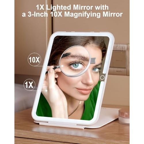 7x9.5 Inches Lighted Travel Mirror with 10X Magnifying Round Mirror, Rechargeable Battery, USB-C Charging, 78 LEDs, Tabletop Mount