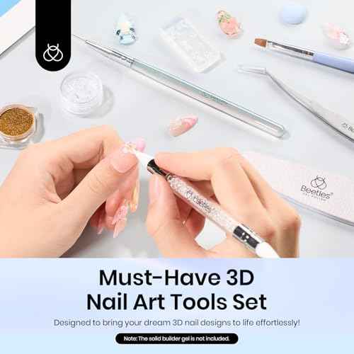 Beetles 3D Nail Art Brushes, Dual-ended Silicone Manicure Tool, Gold Chrome Nail Powder, 15mm Liner Brush, Dotting Tool with Flowers Bowknot Mold, Pearls, for 3D Manicure Design Carving Drawing Effect