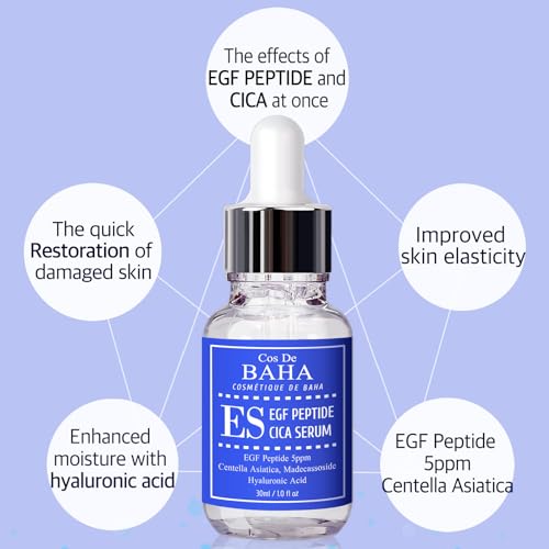 Cos De BAHA EGF Peptide 5ppm Cica Serum 1 Fl Oz ? Centella Asiatica, Hyaluronic Acid & Panthenol Lightweight Face Serum for Smooth Looking Skin (30 ml)