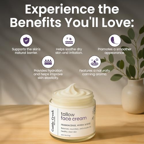 Cattle Creek Tallow Face Moisturizer - Whipped Beef Tallow for Face with Sweet Almond, Myrrh, Frankincense & Rose Oils ? Grass-Fed Beef Tallow for Face Care, Hydration & Sensitive Skin (4oz)