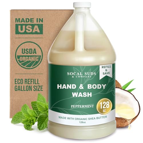 SoCal Suds & Company 128oz Certified Organic Hand & Body Wash w/Shea Butter- Gentle Natural Body,Baby & Face Wash for Sensitive Skin, Moisturizing Thick Castile Soap, Hand Soap and More - Peppermint
