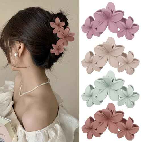 Colorful Plumeria Hawaiian Flower Hair Clips for Women - 4PCS Large Claw Clips for Thick Hair with Strong Hold, Beach Hair Accessories