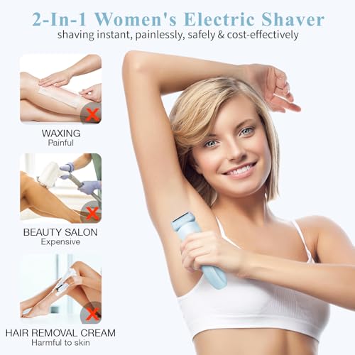 Electric Razors Shaver for Women, 2-IN-1 Womens Electric Razor for Leg Arm Face Pubic Area, Cordless Bikini Trimmer Hair Removal for Women with Detachable Head, Painless,IPX7 Waterproof,Wet & Dry,Blue