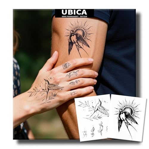 Semi Permanent Tattoos, 2 Sheets Realistic Temporary Tattoos for Women Men, Fake Tattoo for Hand Fingers Wrist, Waterproof No Reflective, Lasts 2 Weeks (Hummingbird Flowers & Swallow Sun)