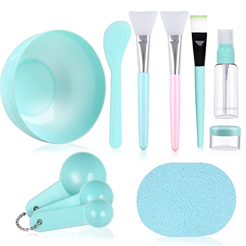 fenshine Face Mask Mixing Bowl Set, Facial Mask Mixing Tool Kit with Plastic Mask Bowl Silicone Mask Brushes Measuring Cup Stick Spatulas Facial Sponge (10PCS)